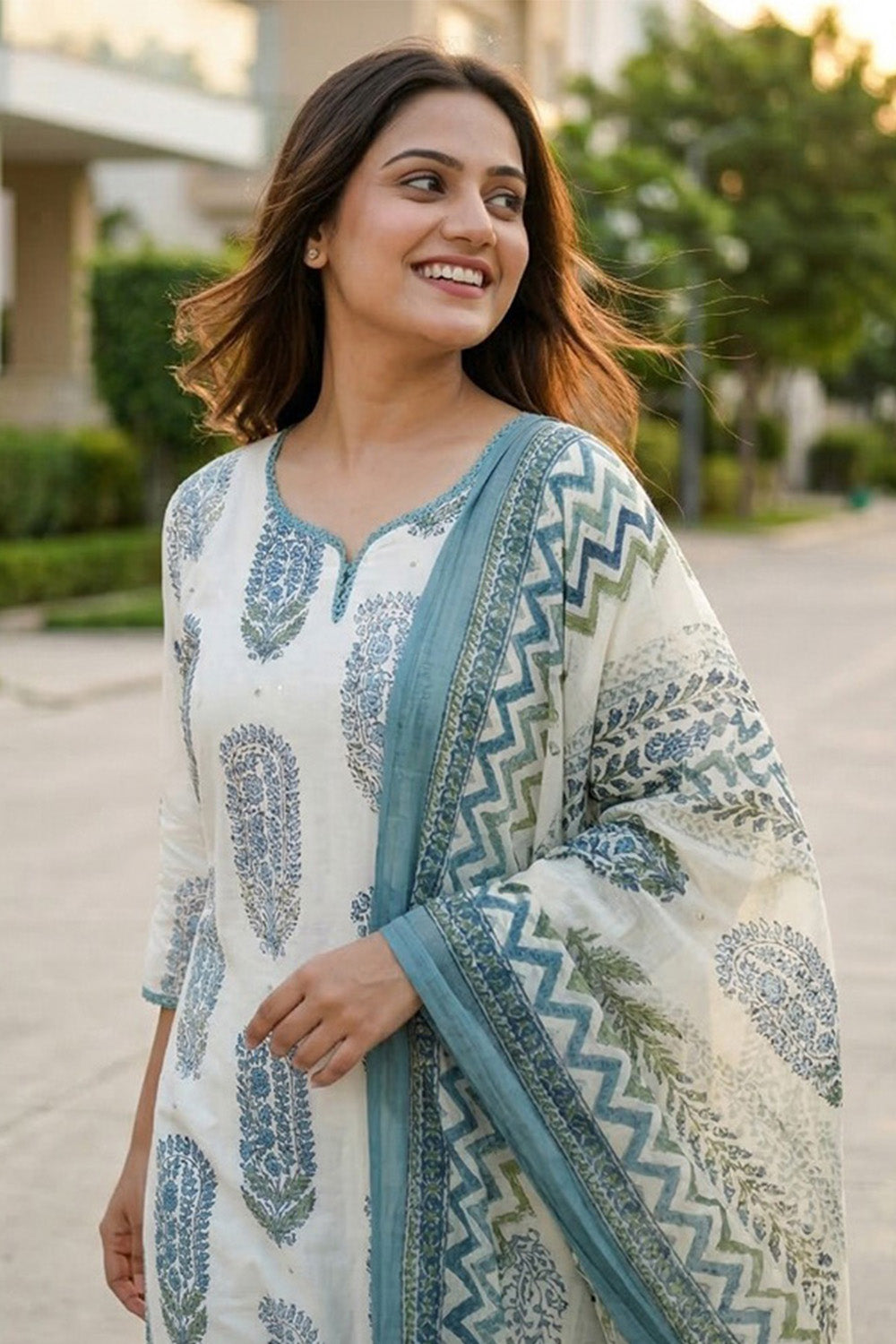 Cream And Blue Hand-Block Printed Cotton Suit