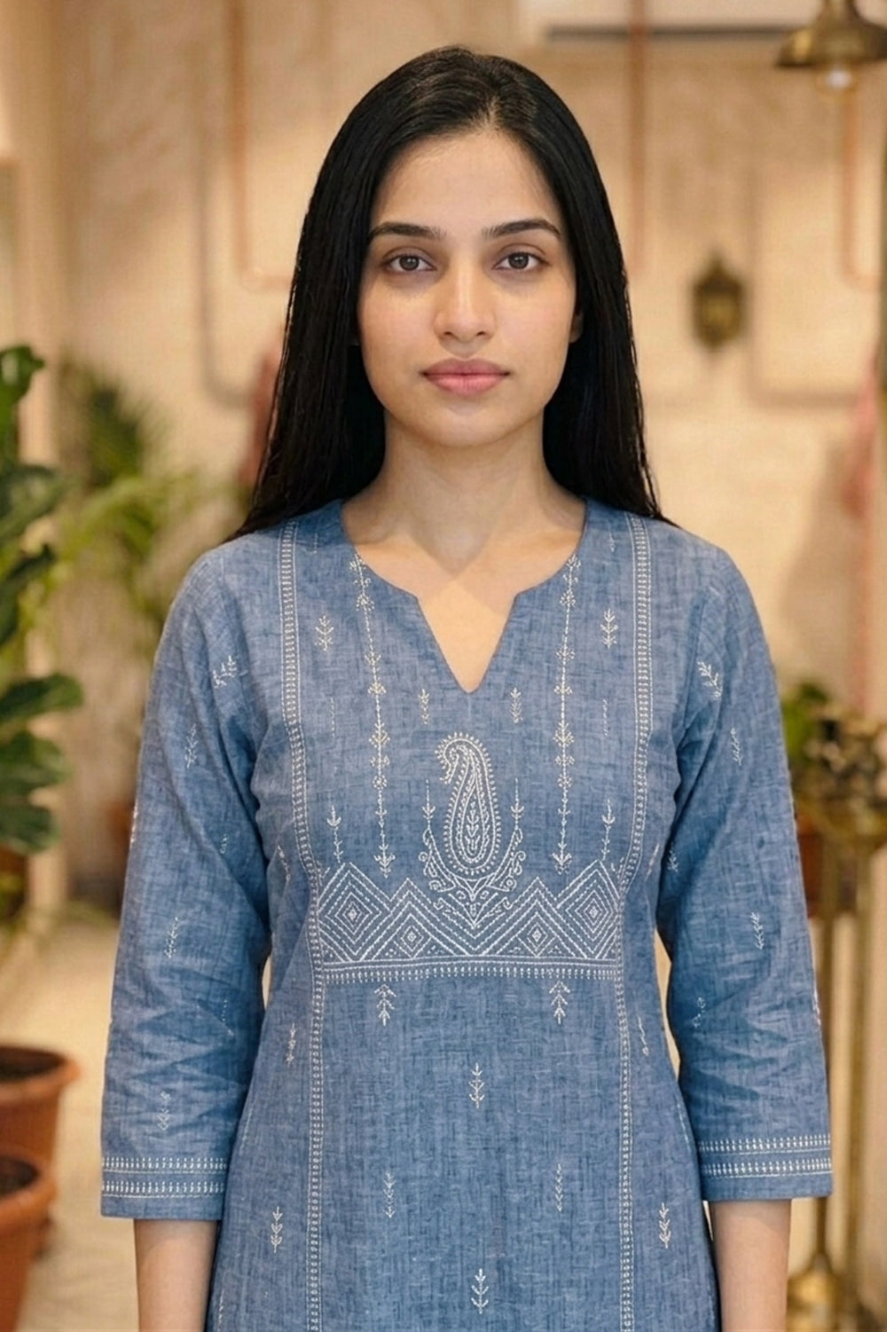Blue Cotton Printed & Mirror Work Kurta Set