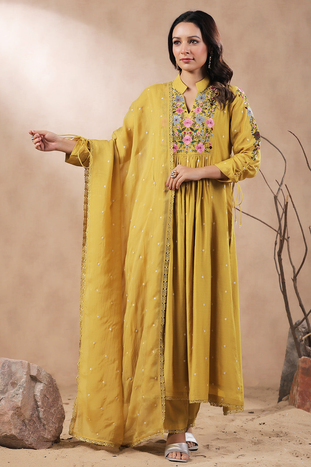 Mustard Color Chanderi Neck Embordered Suit