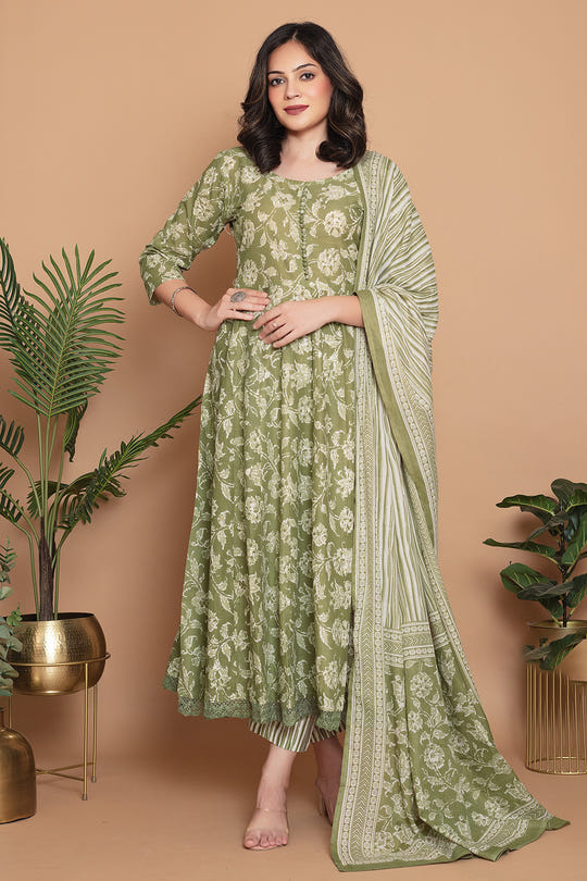Sage Green Cotton Floral Printed Anarkali Suit