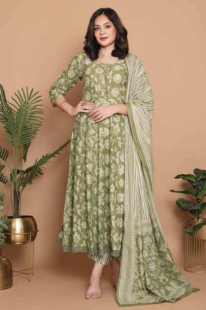 Sage Green Cotton Floral Printed Anarkali Suit