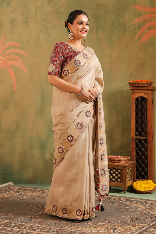 Beige Pure Tussar Embroidered Saree
