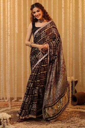Brown Color Gharchola Pure Gajji Silk Printed And Embroidered Saree