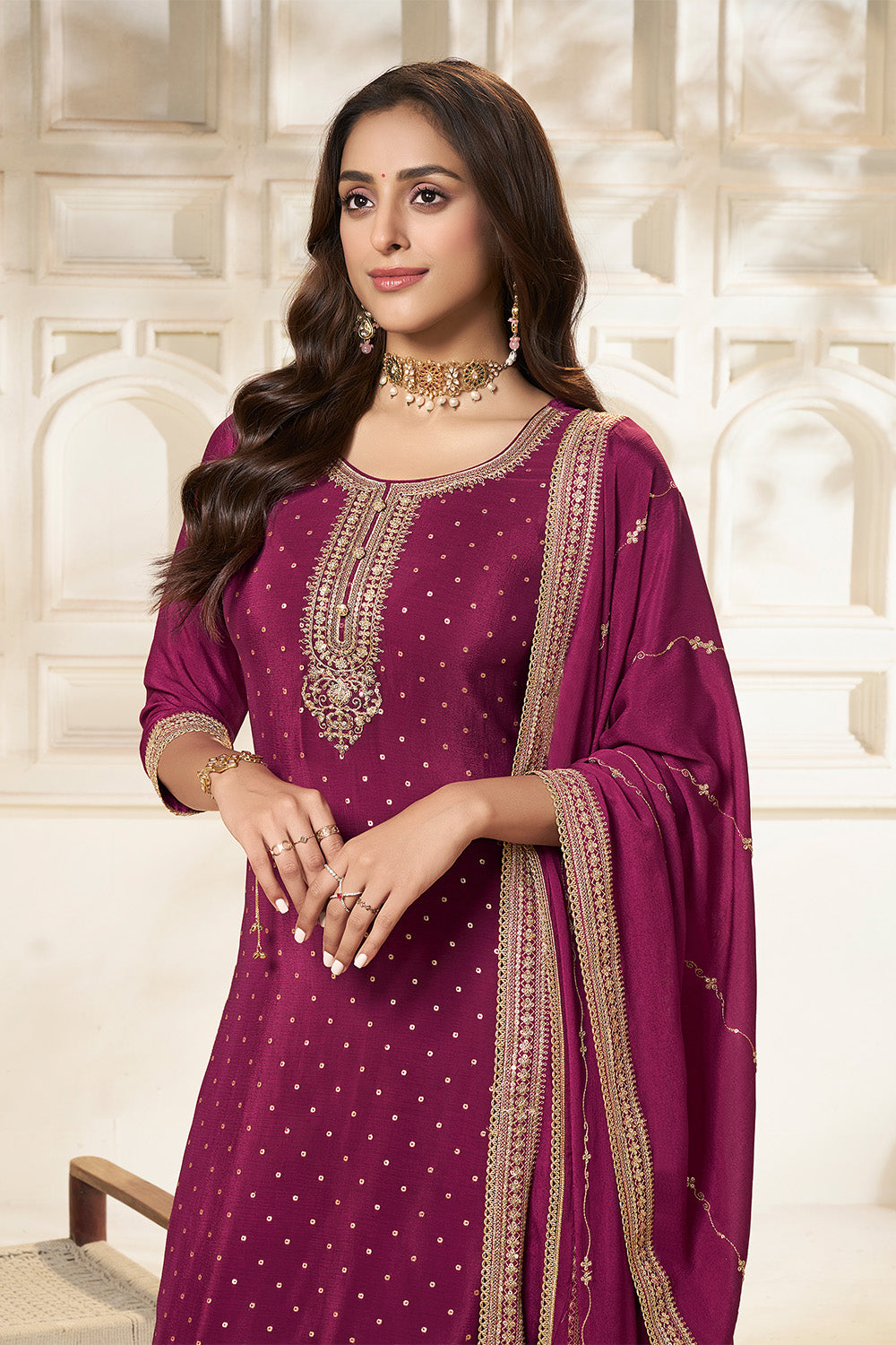 Wine Crepe Silk Zari Embroidered Suit With Embroidered Palazzo