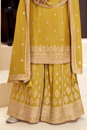 Pale Mustard Color Embroidered Chinon Silk Unstitched Suit Fabric with Embroidered Palazzo