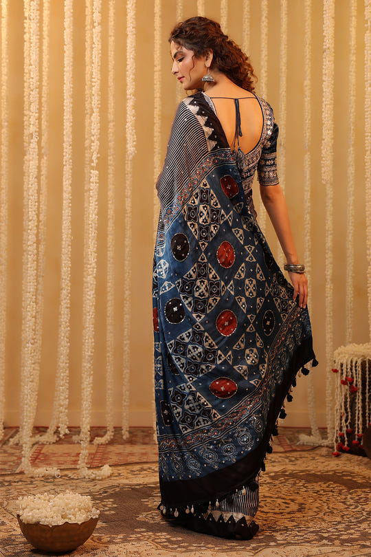 Black & Blue Pure Mulberry Silk Printed And Embroidered Saree