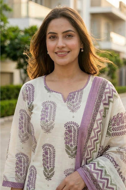 Cream And Mauve Hand-Block Printed Cotton Suit