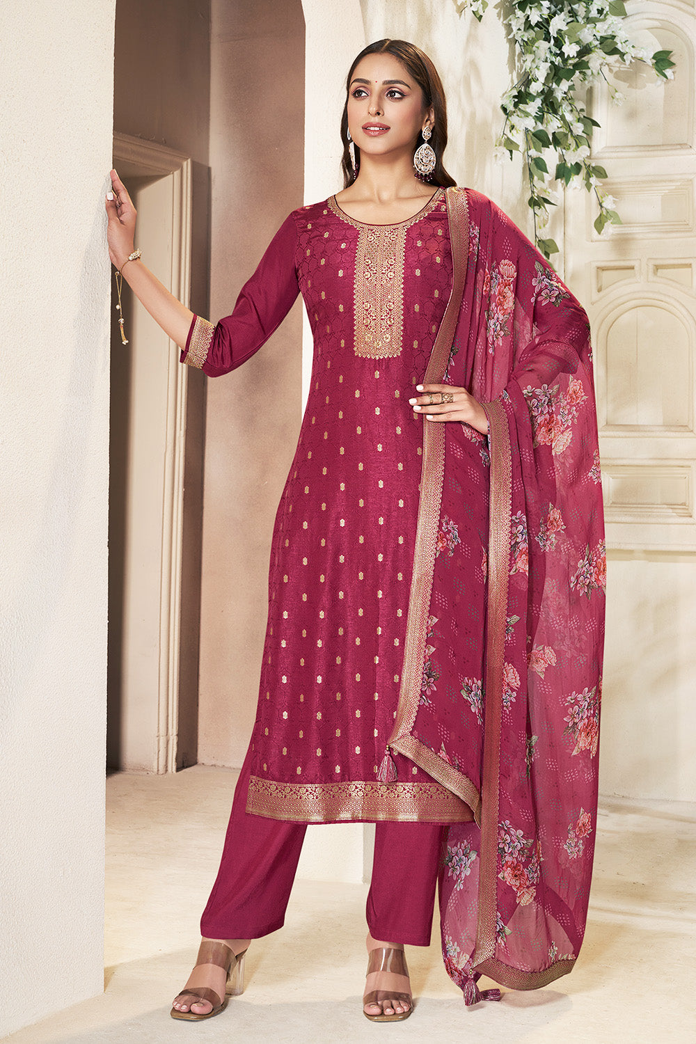 Maroon Color Silk Woven Straight Suit