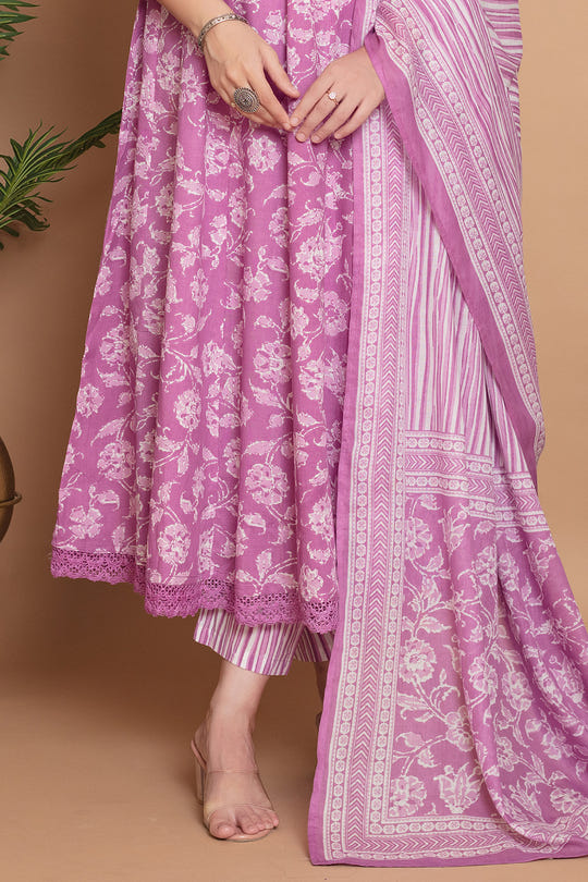 Mauve Cotton Floral Printed Anarkali Suit