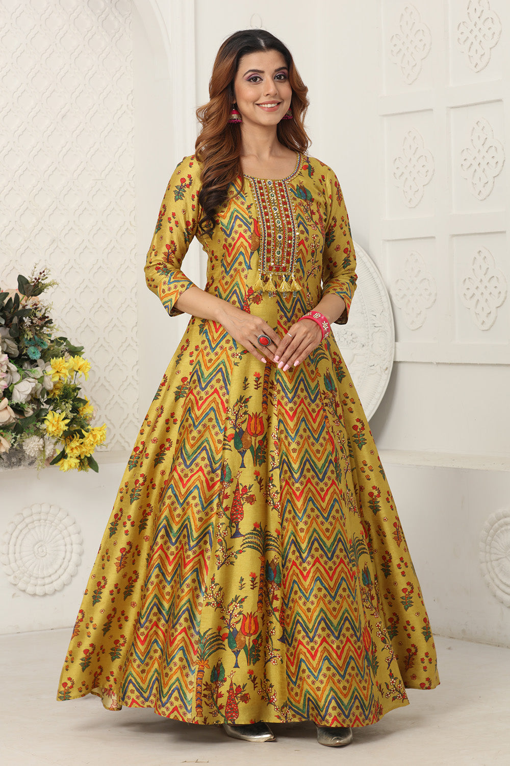 Mustard Color Silk Floral Printed & Neck Embroidered Anarkali Kurti