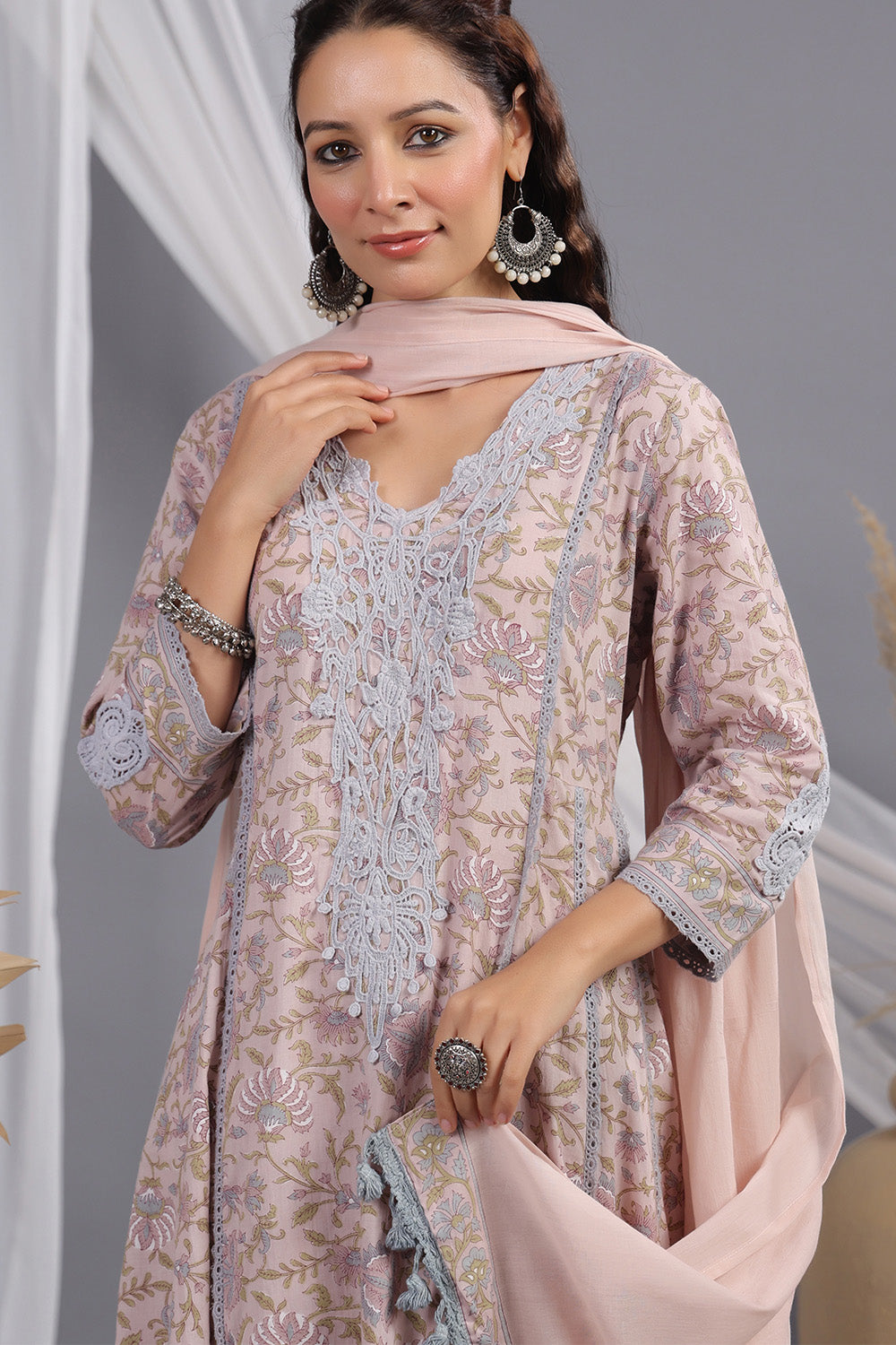 Dusty Peach Color Floral Printed & Lace Work Anarkali Suit