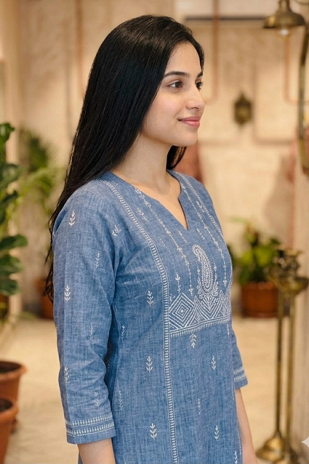 Blue Cotton Printed & Mirror Work Kurta Set