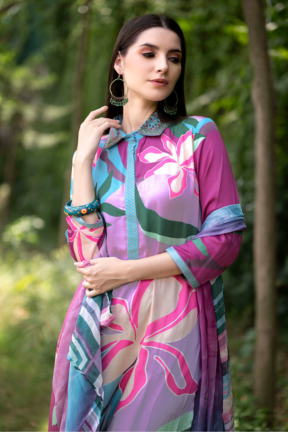 Turquoise Color Crepe Printed Unstitched Suit Material