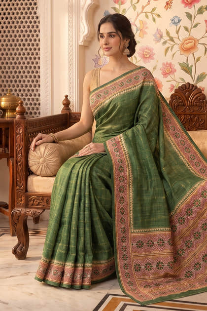 Green Tussar Silk Printed And Zari Taar Woven Saree
