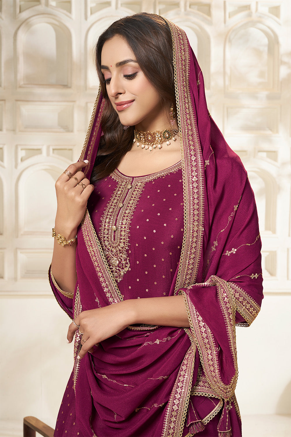 Wine Crepe Silk Zari Embroidered Suit With Embroidered Palazzo