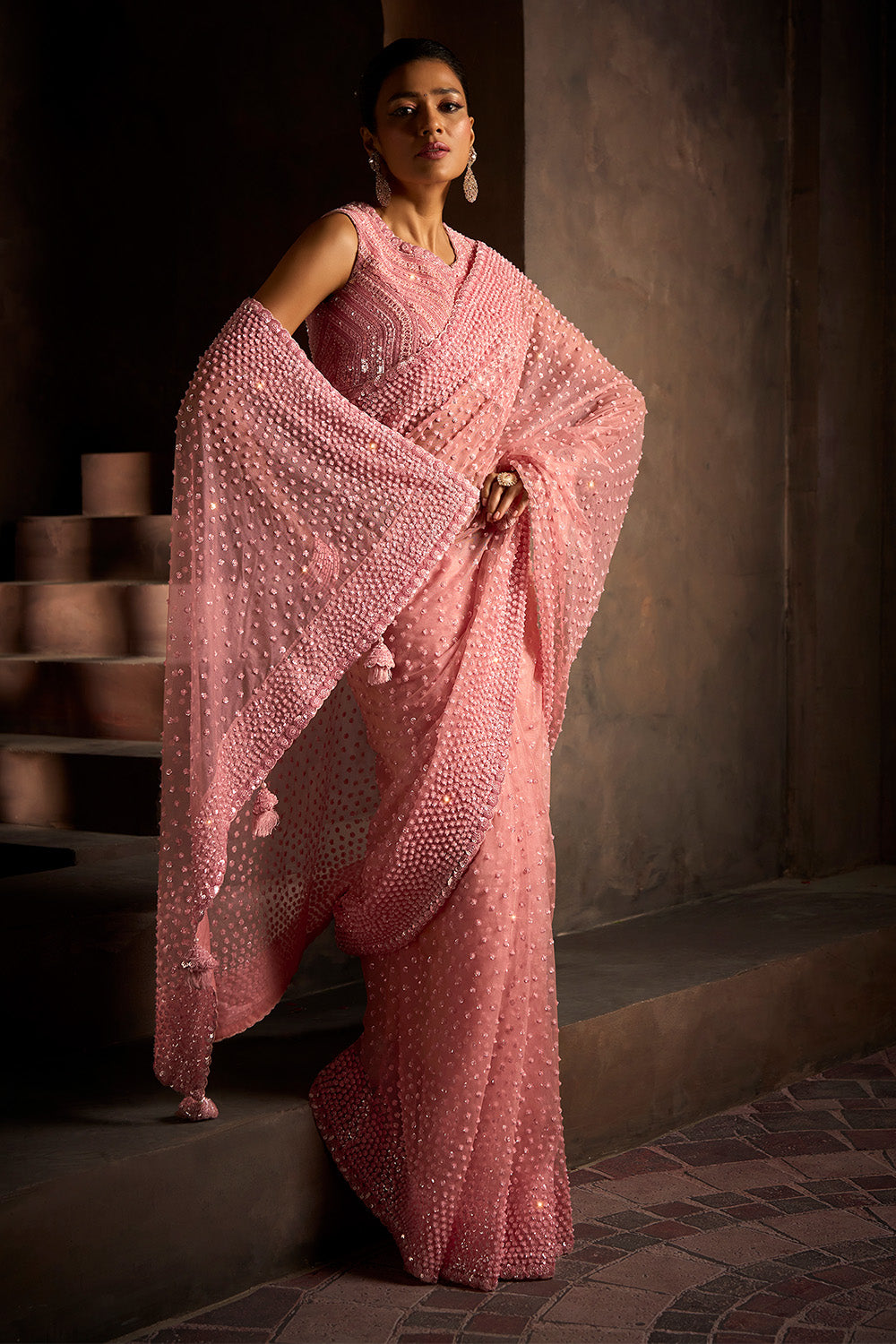 Pink Net Sequins & Cut-Dana Embroidered Saree with Readymade Blouse