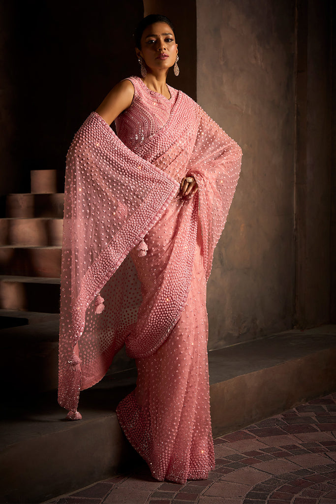 Pink Net Sequins & Cut-Dana Embroidered Saree with Readymade Blouse