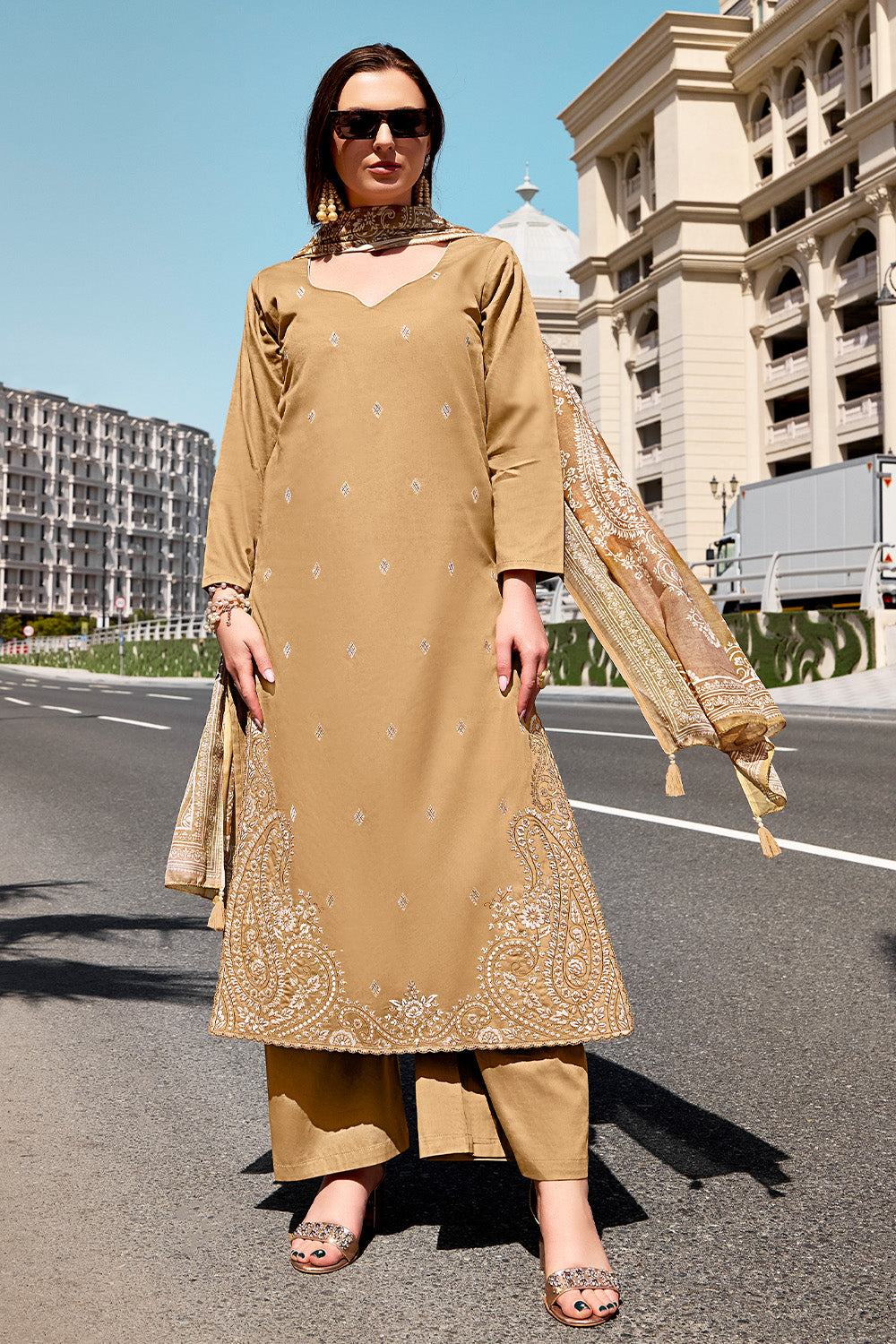 Beige Rayon Cotton Embroidered Unstitched Suit Material