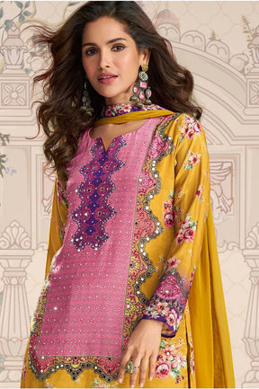 Mustard Crepe Silk Mirror And Swarovski Embroidered Printed Suit With Gharara