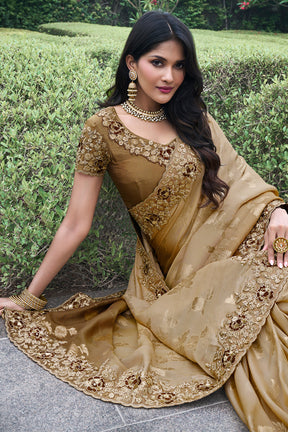 Beige & Brown Ombre Tissue Silk Embroidered Saree