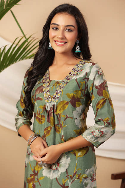 Sage Green Color  Muslin Floral Printed Kurta Set