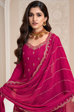Fuchsia Pink Color Georgette Embroidered Unstitched Suit Material With Readymade Woven Palazzo