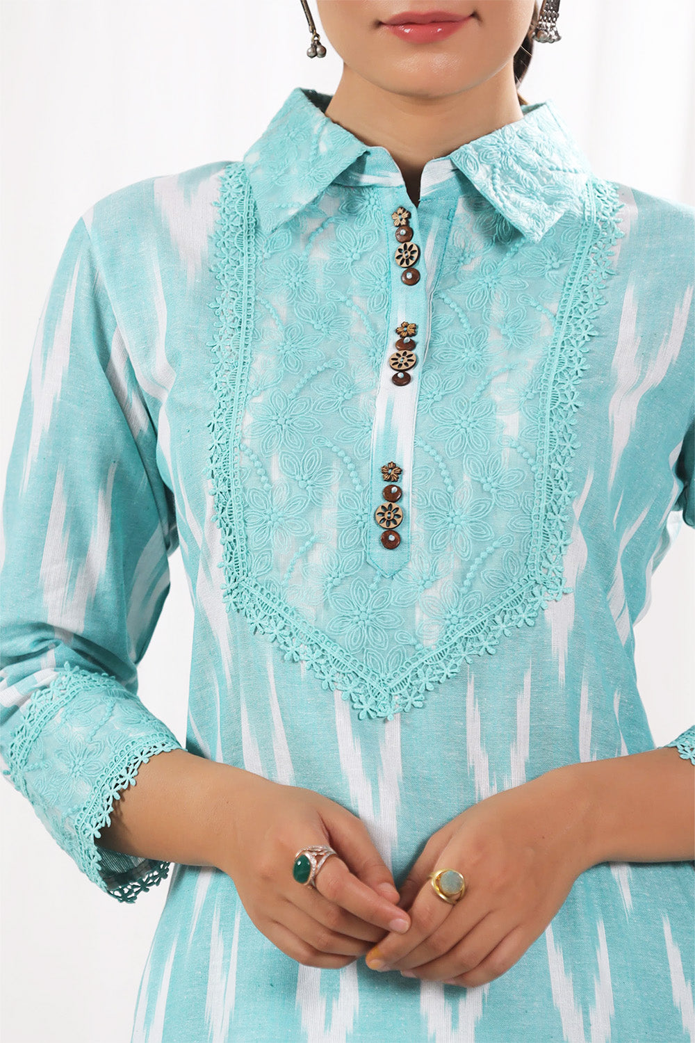 Mint Green Color Khadi Cotton Lace Work Kurta Set