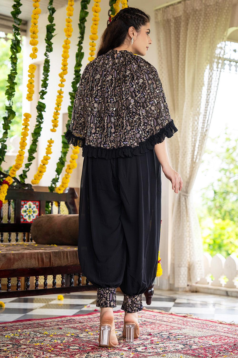 Black Color Georgette Embroidered Crop-top Set With Jacket