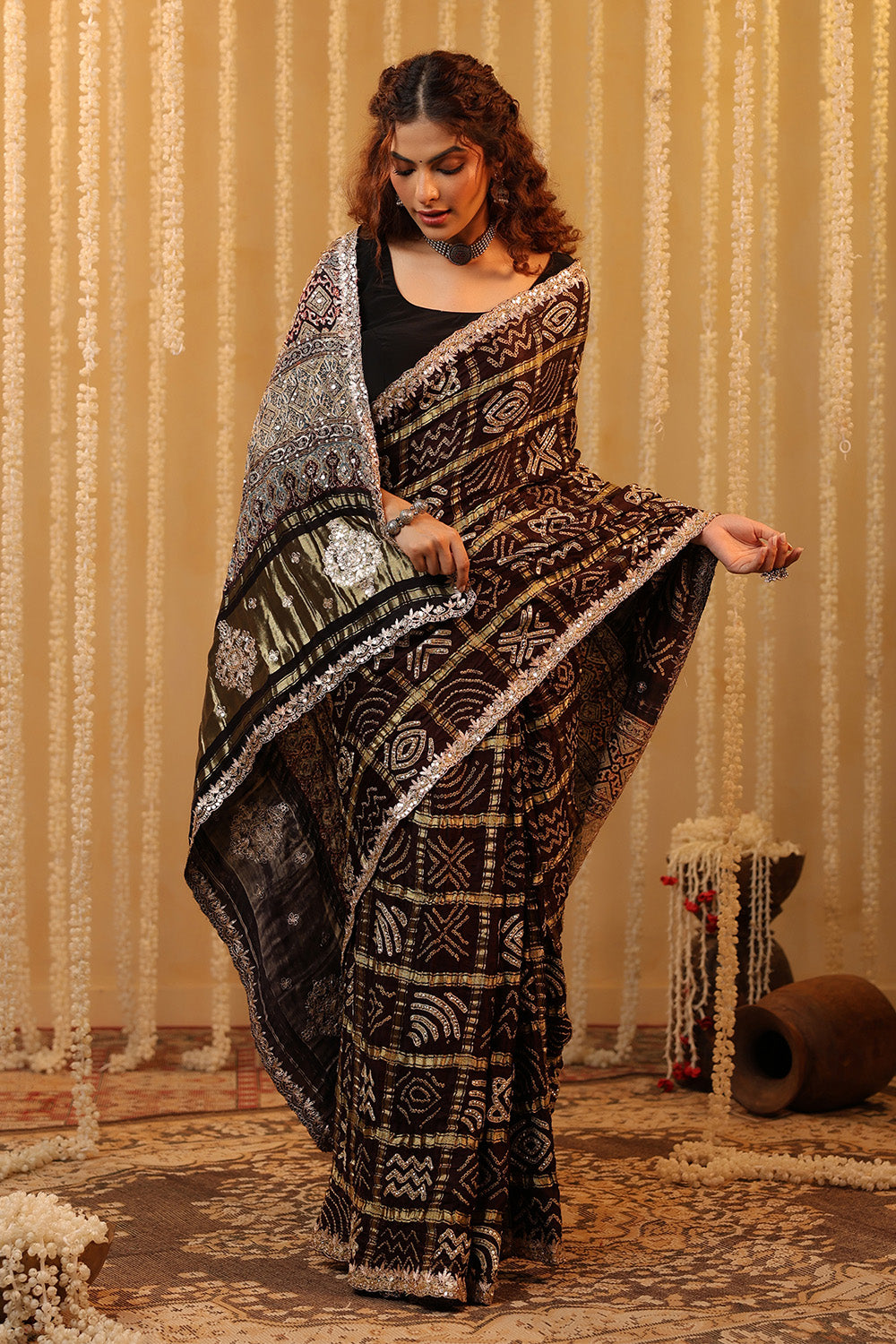 Brown Color Gharchola Pure Gajji Silk Printed And Embroidered Saree