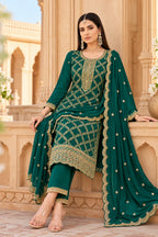 Teal Crepe Silk Zari Woven And Embroidered Unstiched Suit Material