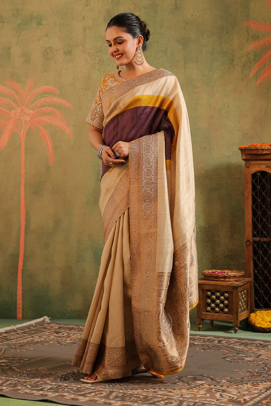 Beige & Mustard Pure Tussar Silk Woven And Embroidered Saree