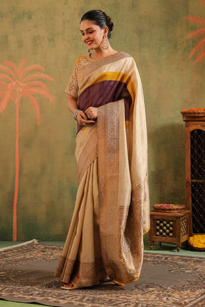 Beige & Mustard Pure Tussar Silk Woven And Embroidered Saree