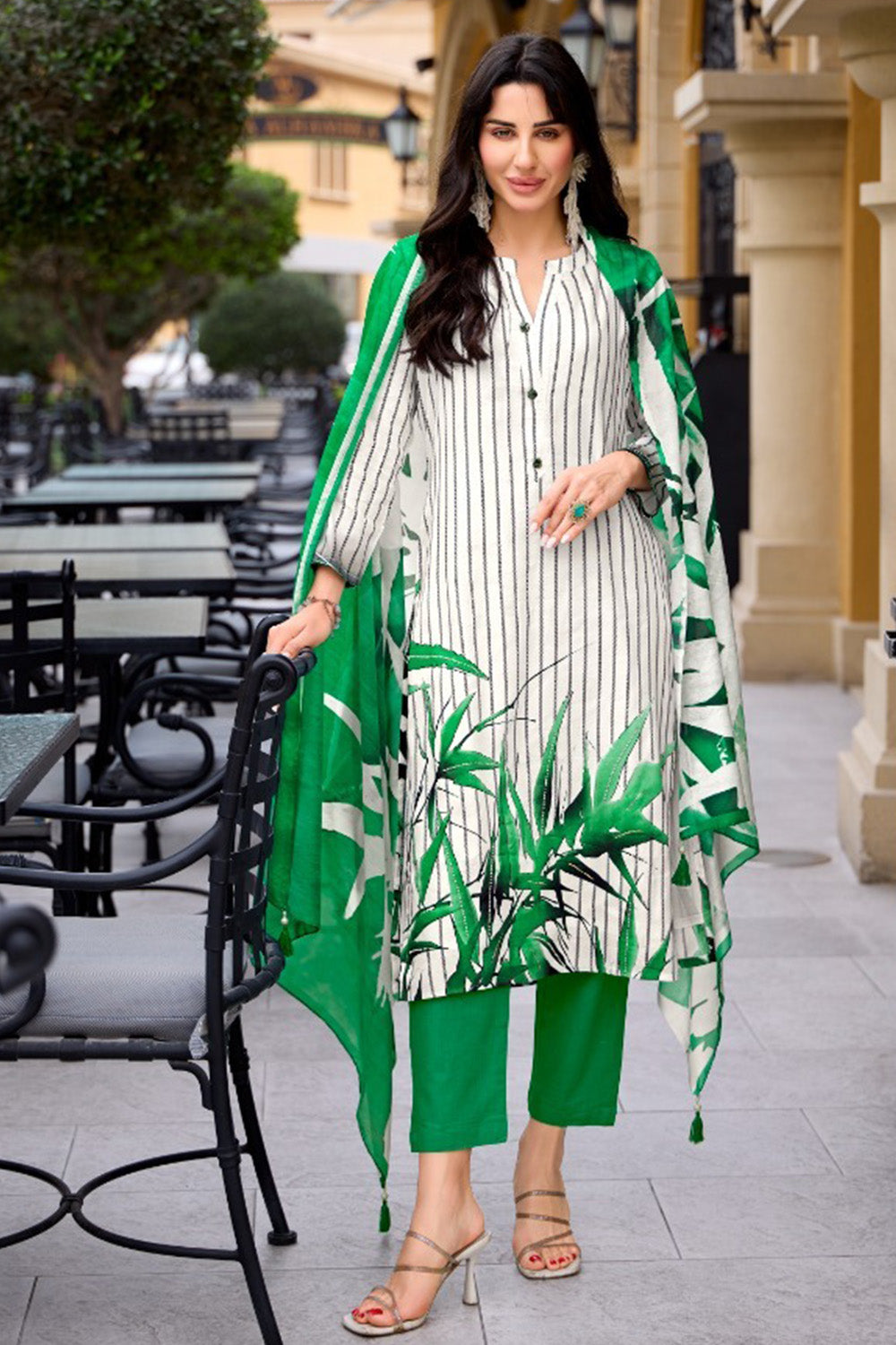 White And Green Color Cotton Floral Printed Unstitched Suit Fabric