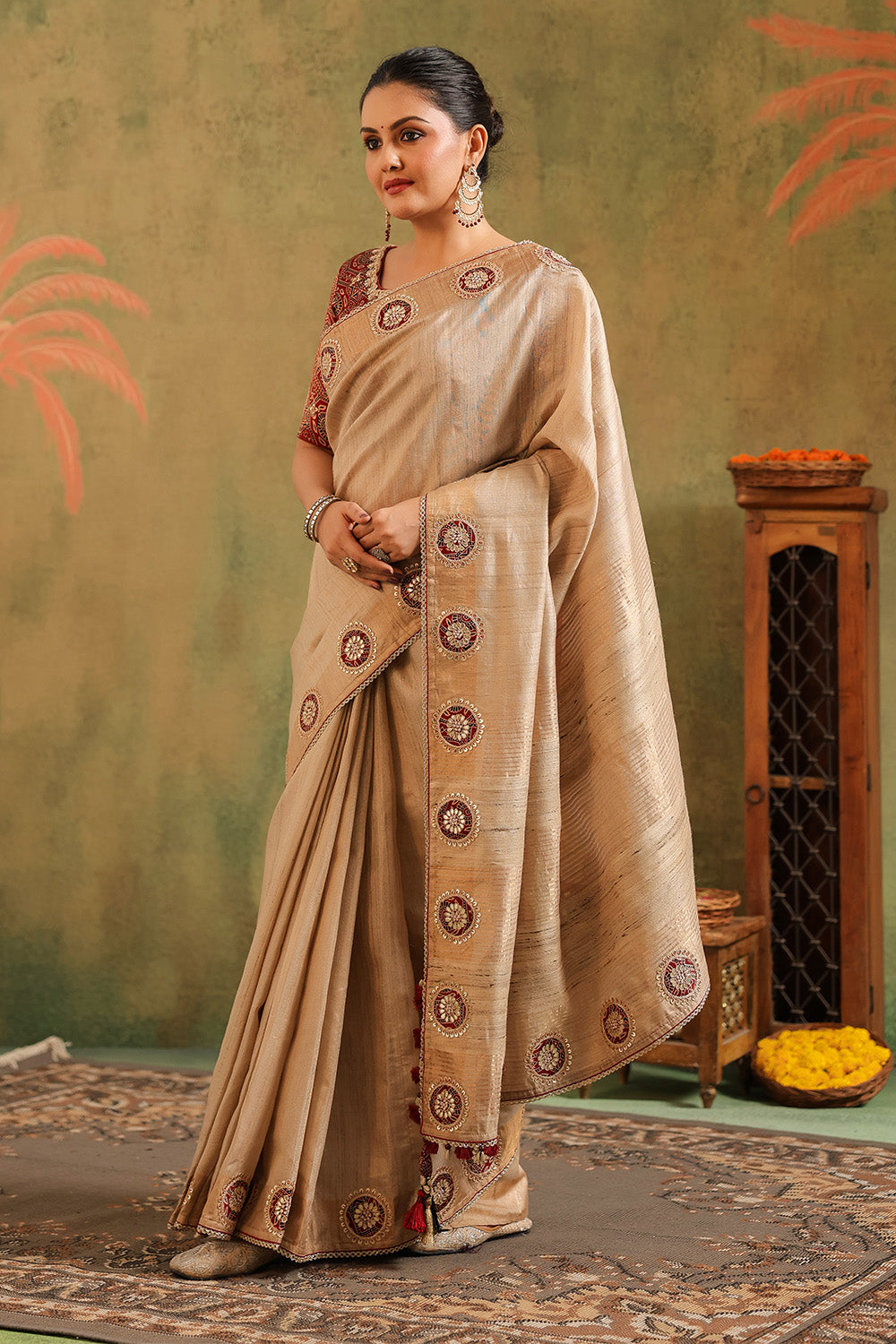 Beige Pure Tussar Embroidered Saree