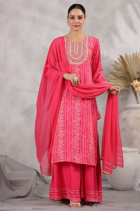 Fuchsia Pink Color Rayon Printed Suit With Sharara