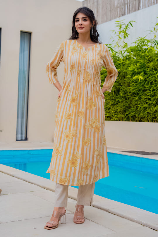 Mustard Muslin Floral Printed Kurta Set