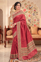 Deep Cherry Tussar Silk Printed And Zari Taar Woven Saree