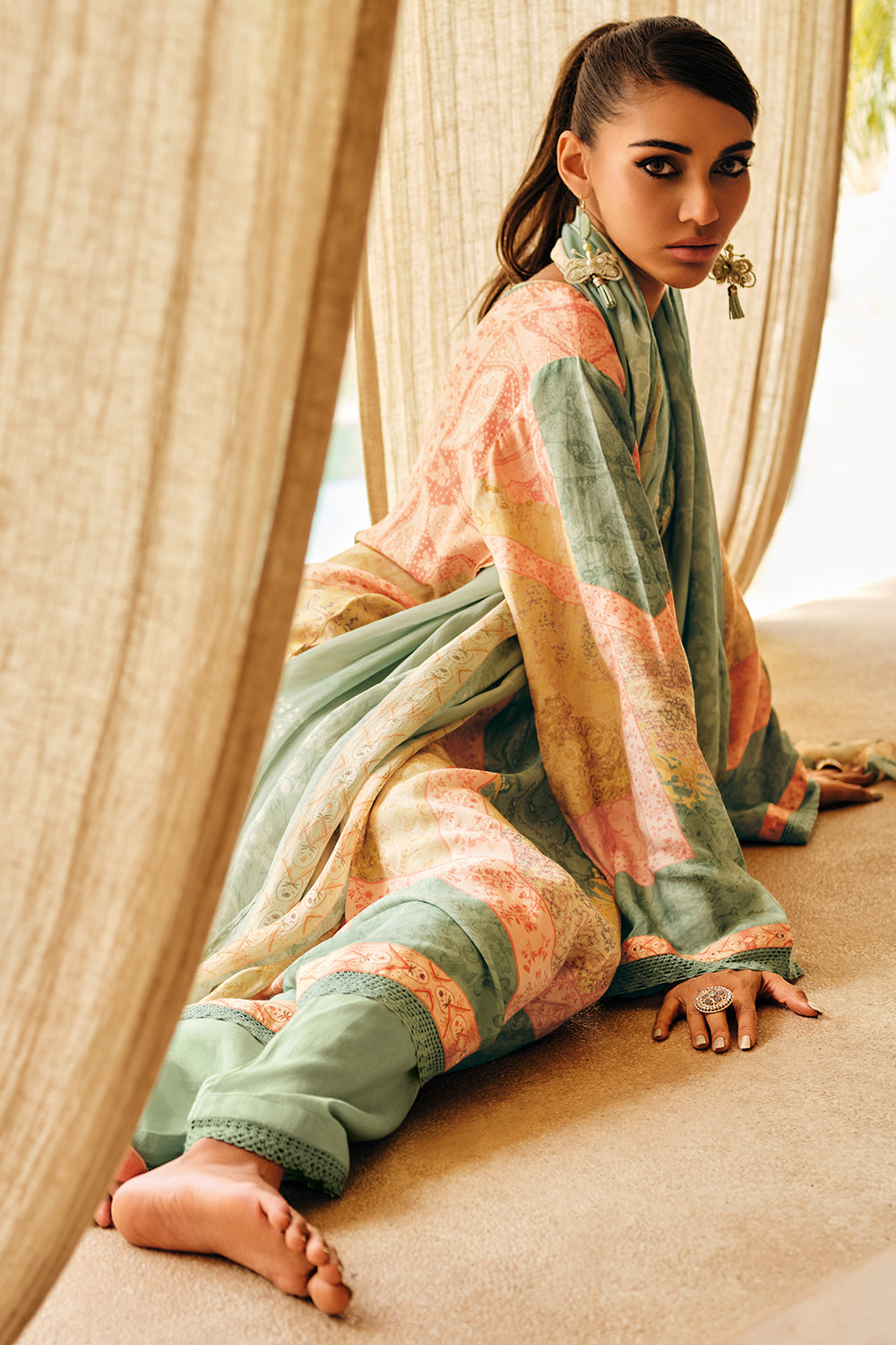 Mint Green Color Silk Digital Printed Unstitched Suit Material