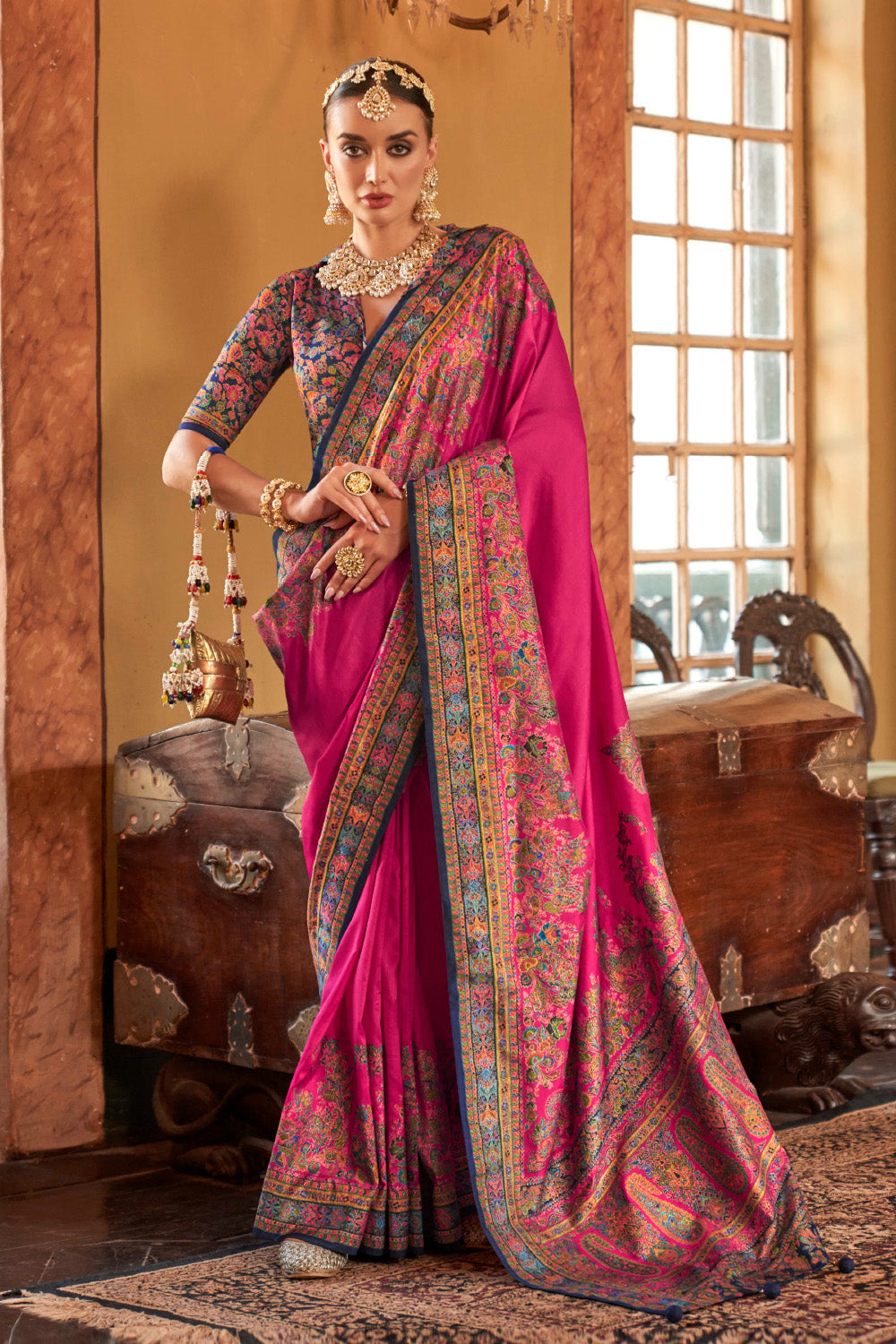 Magenta Pink Color Gajji Silk Printed Saree