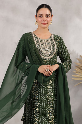 Bottle Green Color Rayon Printed Suit With Sharara