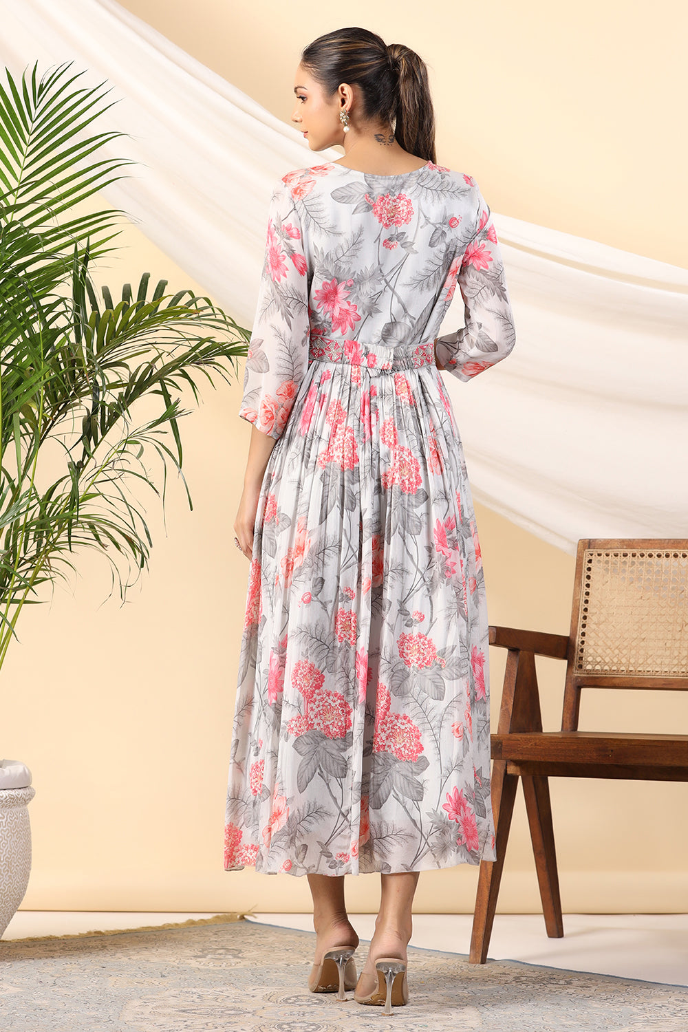 Grey Color Crepe Printed Peonies Dress