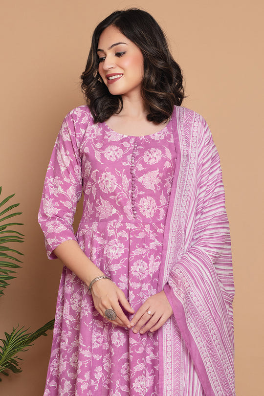 Mauve Cotton Floral Printed Anarkali Suit