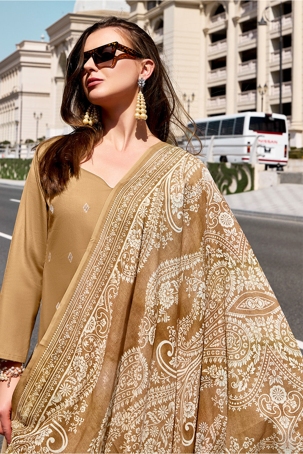 Beige Rayon Cotton Embroidered Unstitched Suit Material