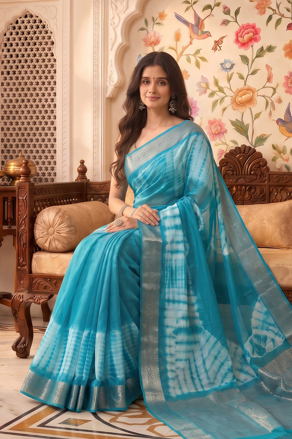 Turquoise Georgette Shibori Printed Saree