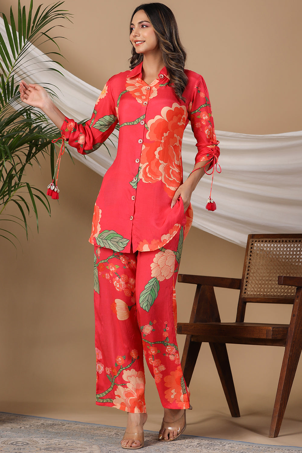 Fuchsia Pink Color Muslin Printed Co-Ord Set