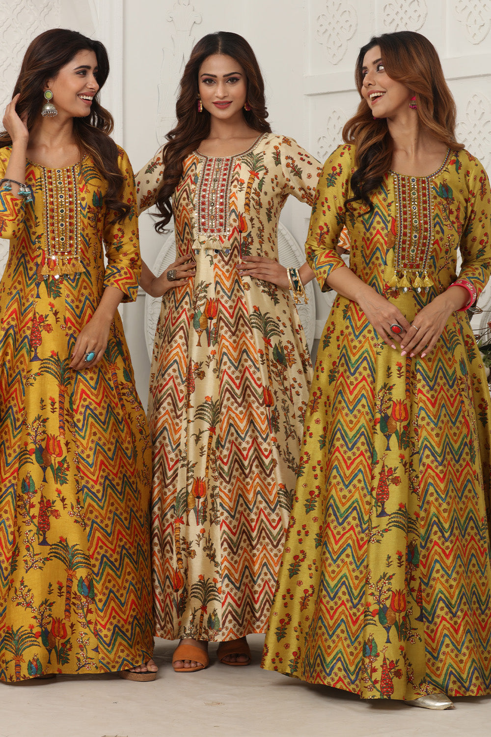 Mustard Color Silk Floral Printed & Neck Embroidered Anarkali Kurti