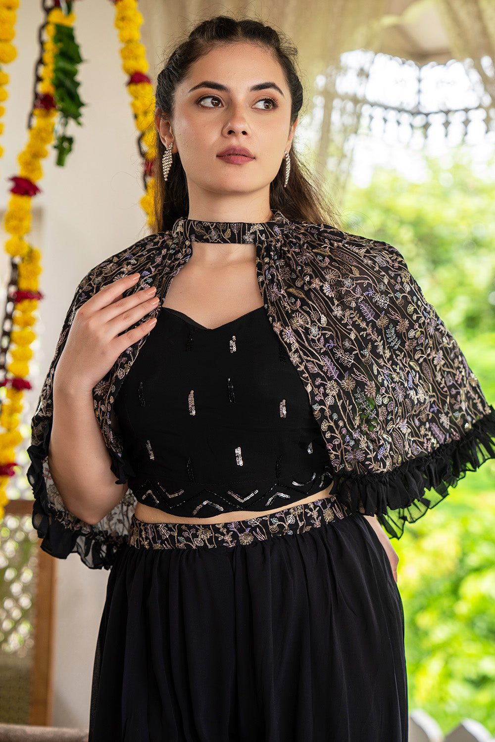 Black Color Georgette Embroidered Crop-top Set With Jacket
