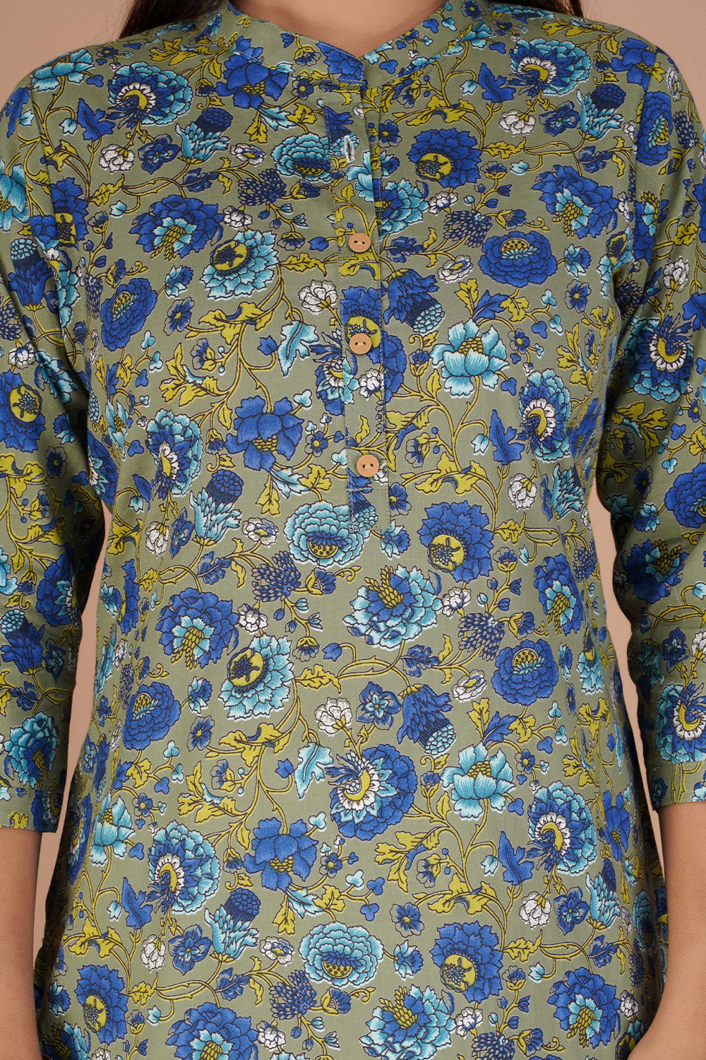 Olive Green Color Cotton Floral Printed Kurti