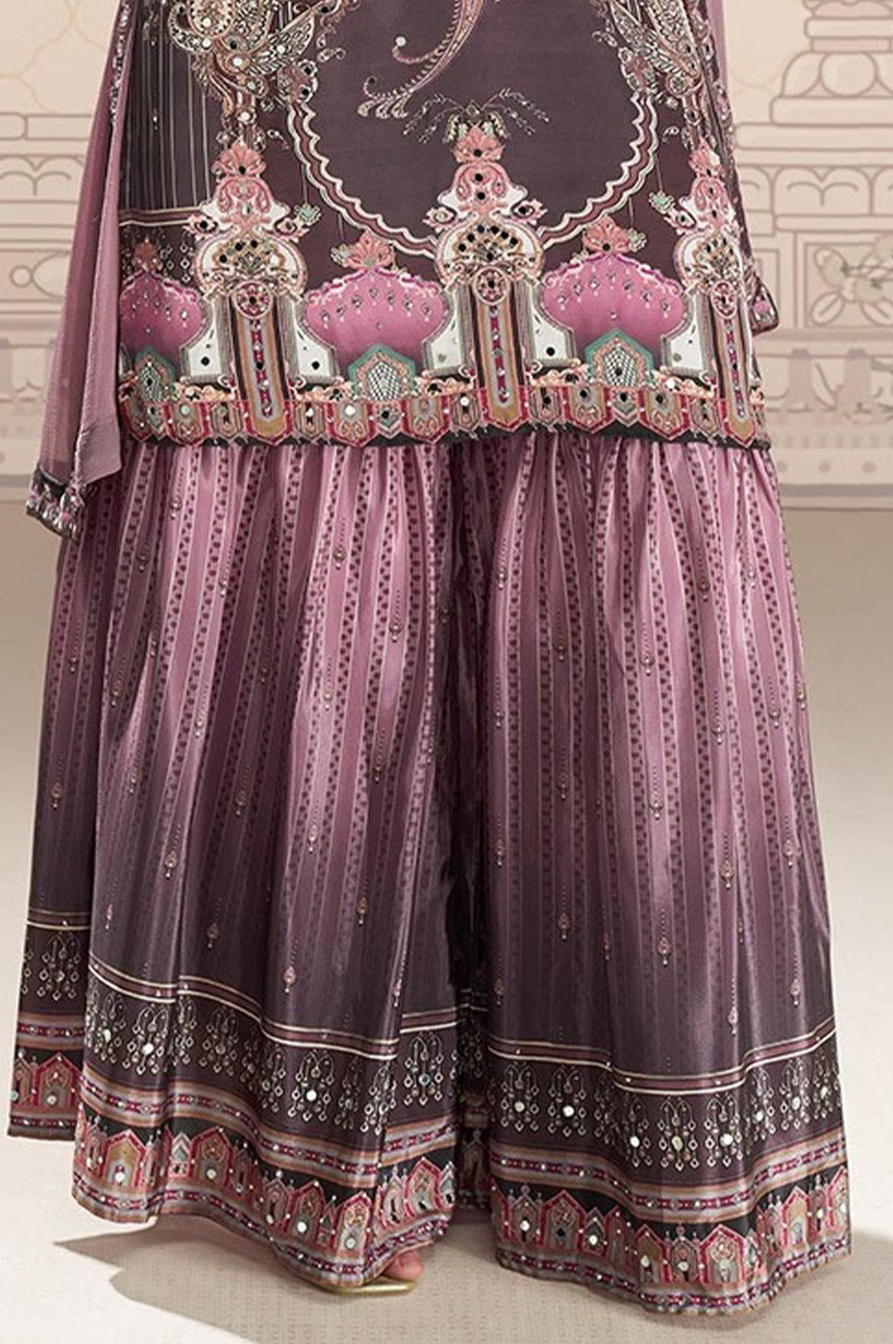 Light Mauve Crepe Silk Mirror And Swarovski Embroidered Printed Suit With Gharara