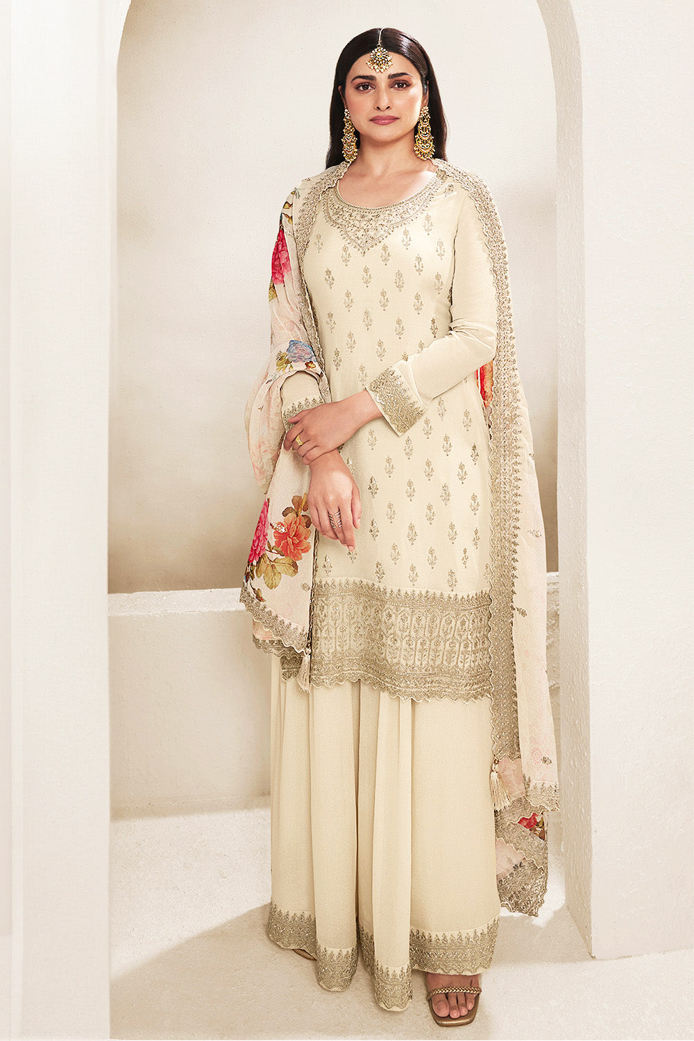 Cream Color Georgette Embroidered Unstitched Suit Material With Palazzo